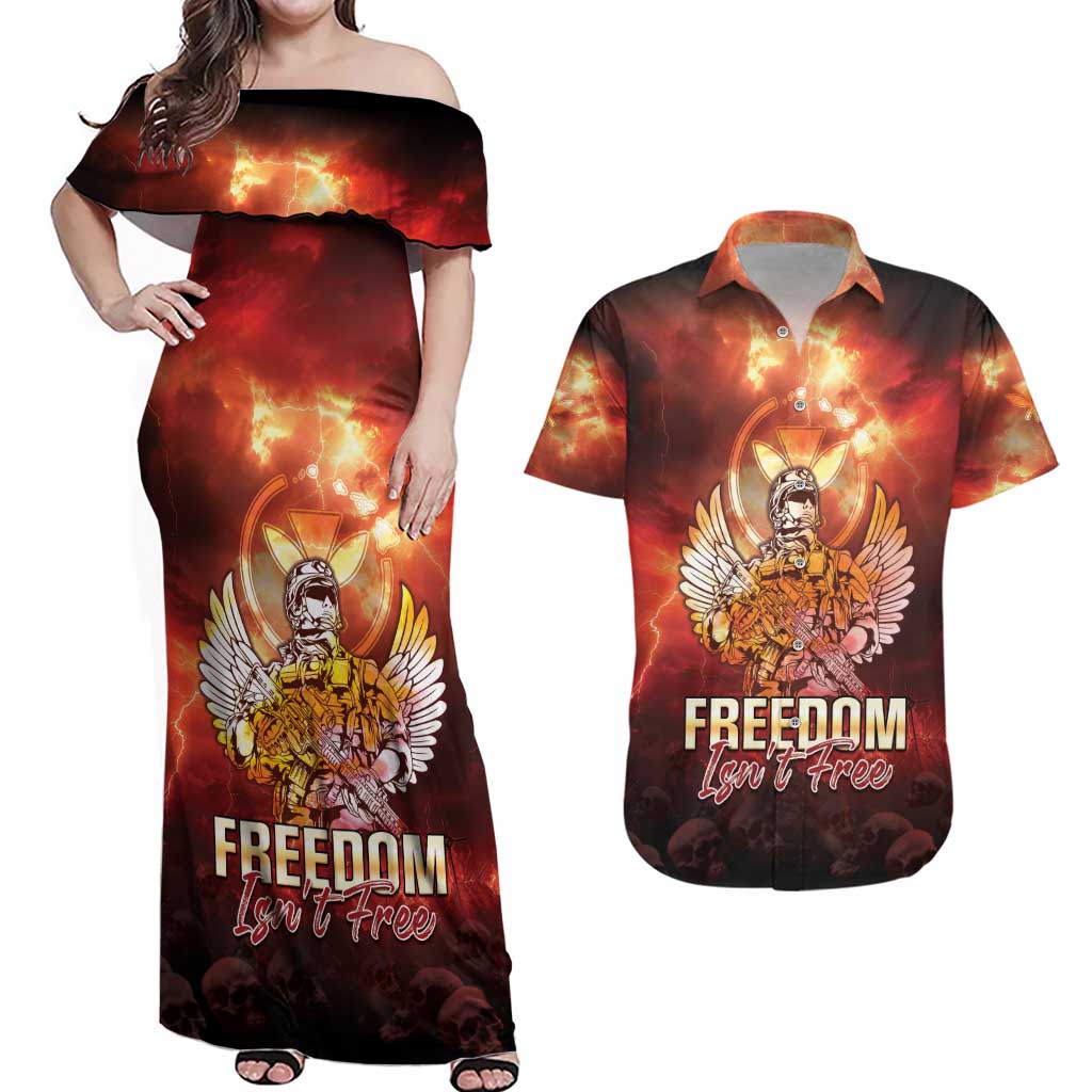 Hawaii Veterans Day Couples Matching Off Shoulder Maxi Dress and Hawaiian Shirt May We Never Forget Freedom Isn't Free LT05 Red - Polynesian Pride