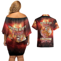 Hawaii Veterans Day Couples Matching Off Shoulder Short Dress and Hawaiian Shirt May We Never Forget Freedom Isn't Free
