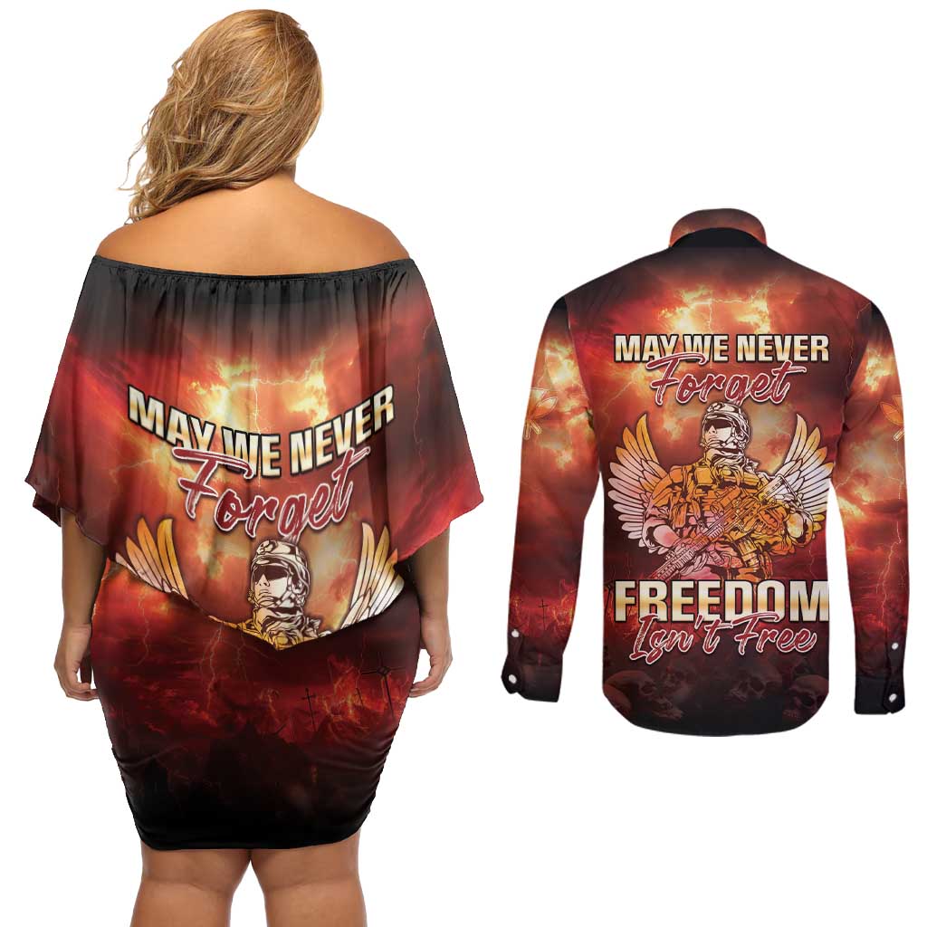 Hawaii Veterans Day Couples Matching Off Shoulder Short Dress and Long Sleeve Button Shirt May We Never Forget Freedom Isn't Free