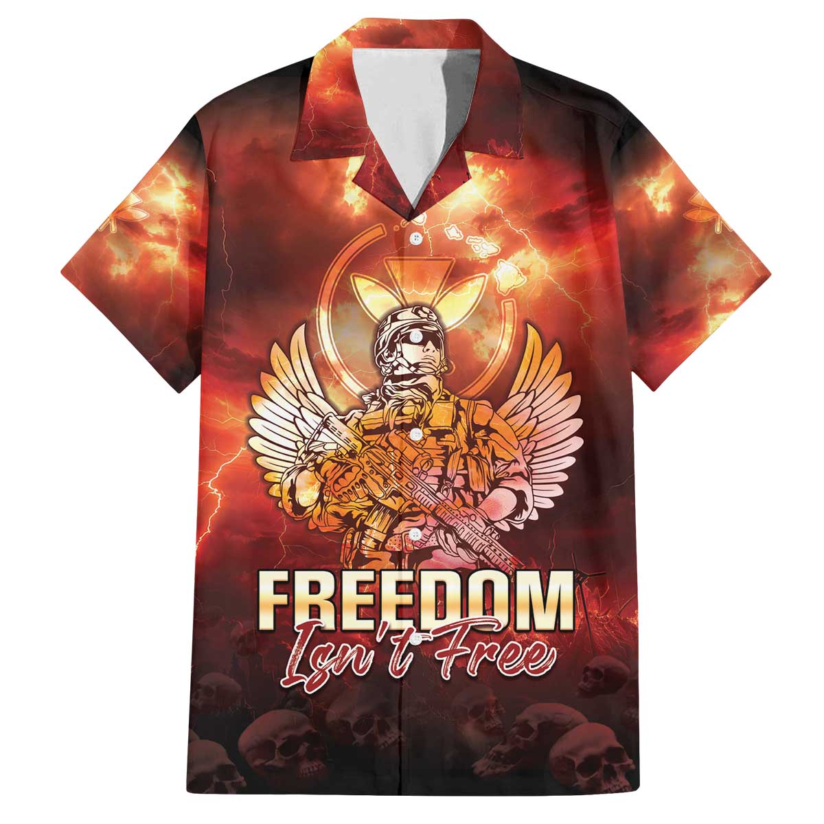 Hawaii Veterans Day Family Matching Off The Shoulder Long Sleeve Dress and Hawaiian Shirt May We Never Forget Freedom Isn't Free LT05 Dad's Shirt - Short Sleeve Red - Polynesian Pride