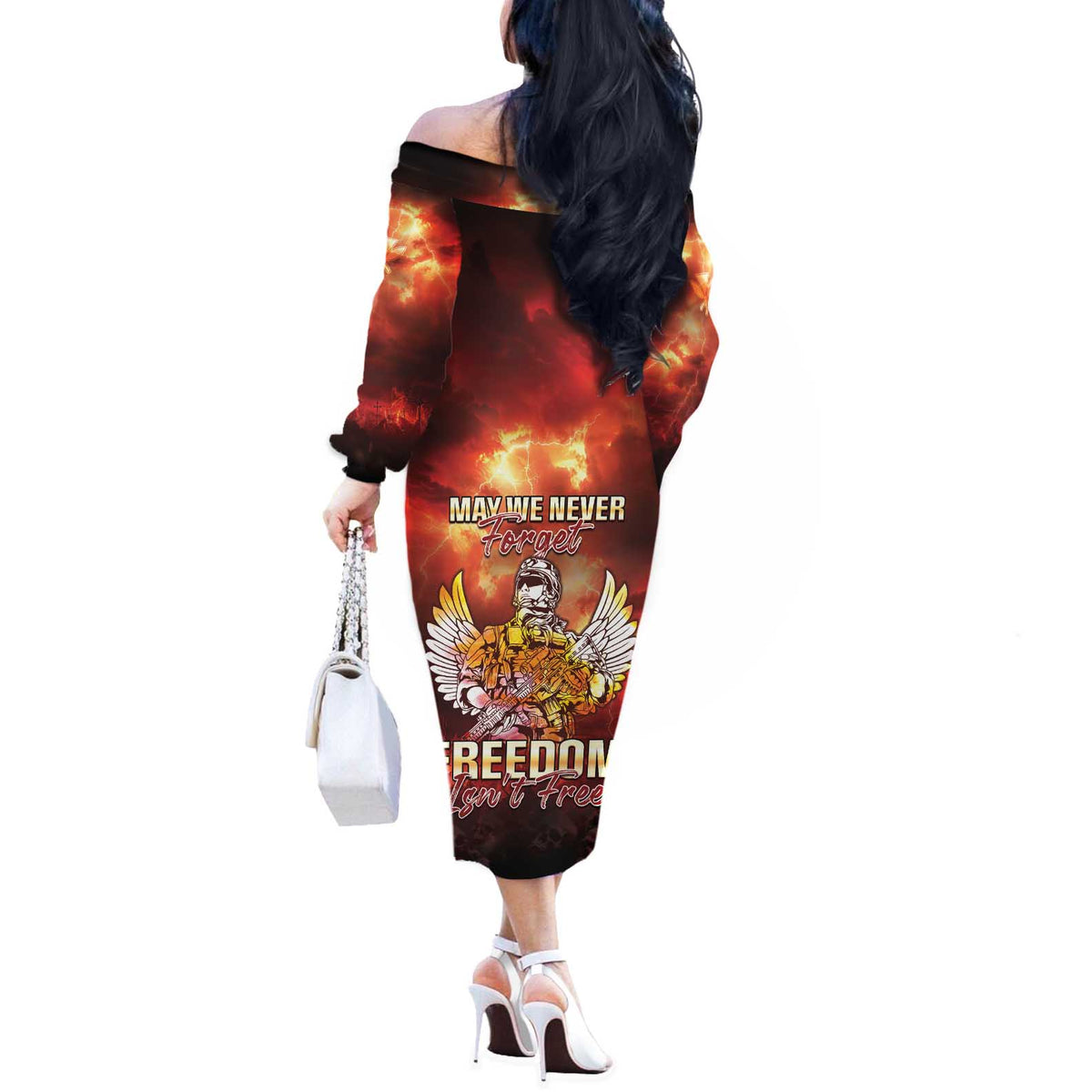 Hawaii Veterans Day Off The Shoulder Long Sleeve Dress May We Never Forget Freedom Isn't Free LT05 - Polynesian Pride
