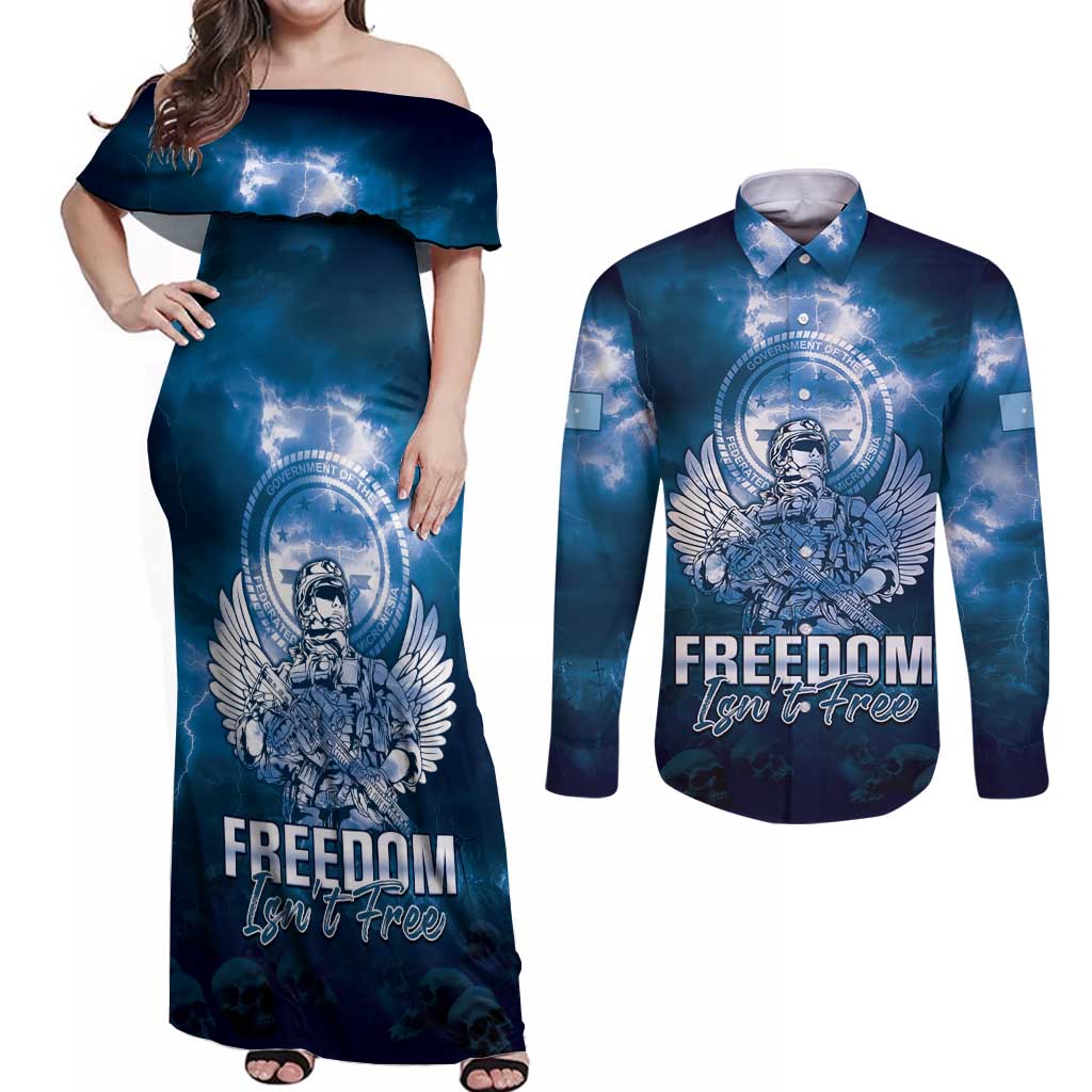 Federated States of Micronesia Veterans Day Couples Matching Off Shoulder Maxi Dress and Long Sleeve Button Shirt May We Never Forget Freedom Isn't Free LT05 Blue - Polynesian Pride