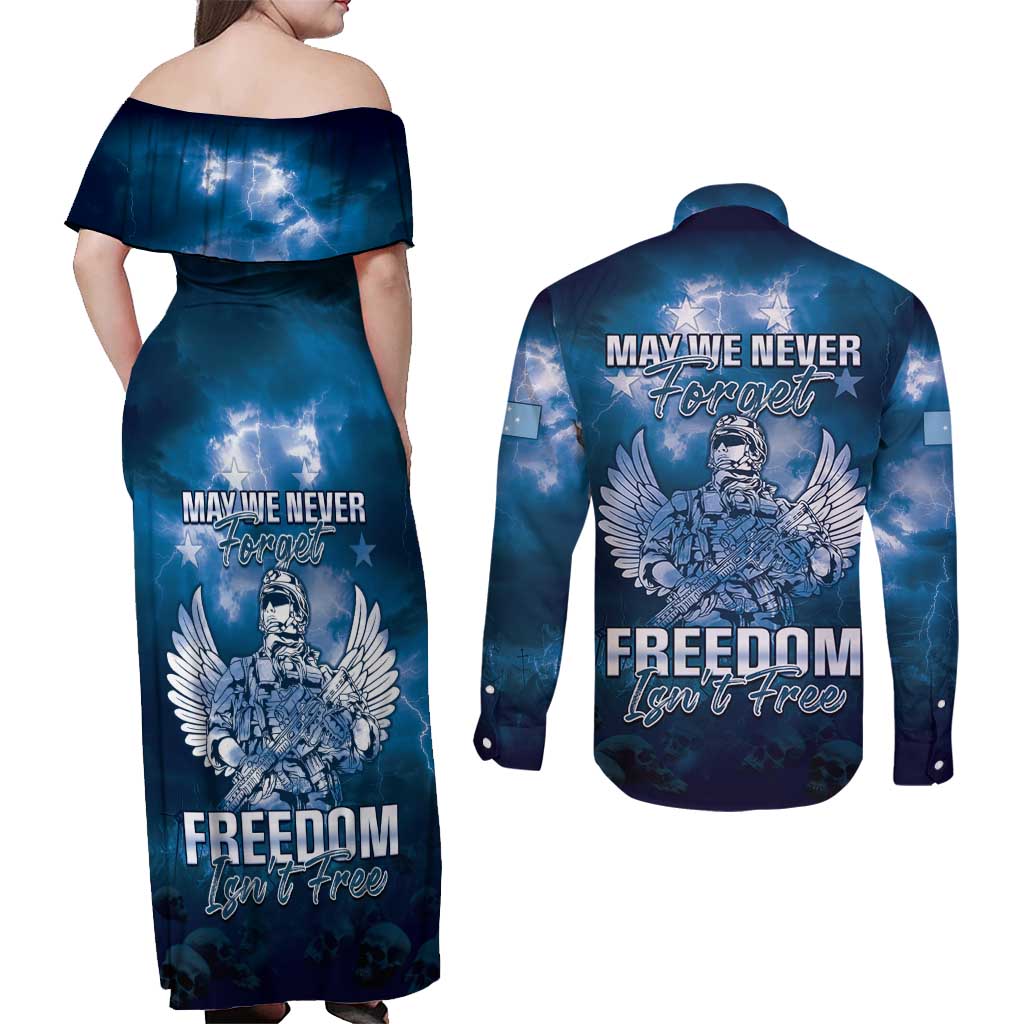 Federated States of Micronesia Veterans Day Couples Matching Off Shoulder Maxi Dress and Long Sleeve Button Shirt May We Never Forget Freedom Isn't Free LT05 - Polynesian Pride
