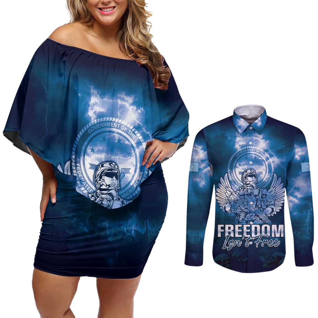 Federated States of Micronesia Veterans Day Couples Matching Off Shoulder Short Dress and Long Sleeve Button Shirt May We Never Forget Freedom Isn't Free LT05 Blue - Polynesian Pride