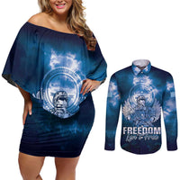Federated States of Micronesia Veterans Day Couples Matching Off Shoulder Short Dress and Long Sleeve Button Shirt May We Never Forget Freedom Isn't Free LT05 Blue - Polynesian Pride