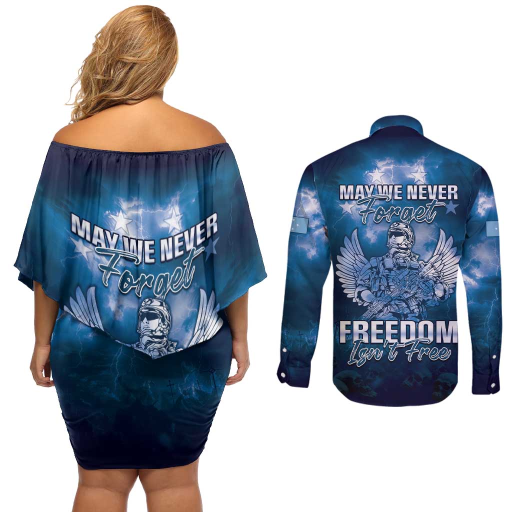 Federated States of Micronesia Veterans Day Couples Matching Off Shoulder Short Dress and Long Sleeve Button Shirt May We Never Forget Freedom Isn't Free LT05 - Polynesian Pride