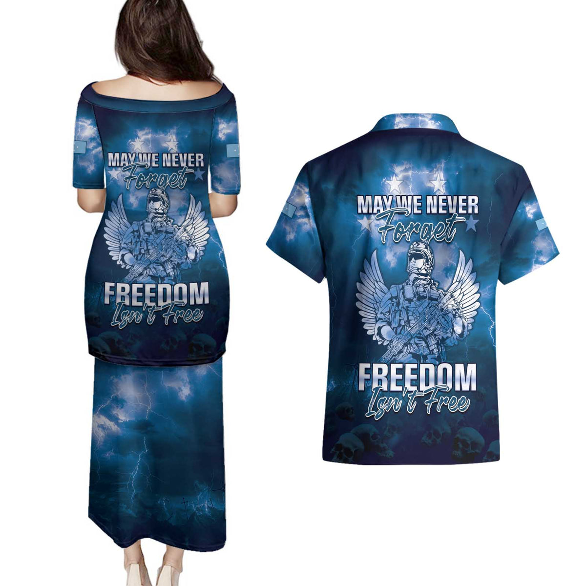 Federated States of Micronesia Veterans Day Couples Matching Puletasi and Hawaiian Shirt May We Never Forget Freedom Isn't Free LT05 - Polynesian Pride