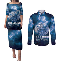 Federated States of Micronesia Veterans Day Couples Matching Puletasi and Long Sleeve Button Shirt May We Never Forget Freedom Isn't Free LT05 Blue - Polynesian Pride