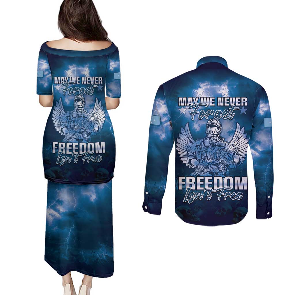 Federated States of Micronesia Veterans Day Couples Matching Puletasi and Long Sleeve Button Shirt May We Never Forget Freedom Isn't Free LT05 - Polynesian Pride