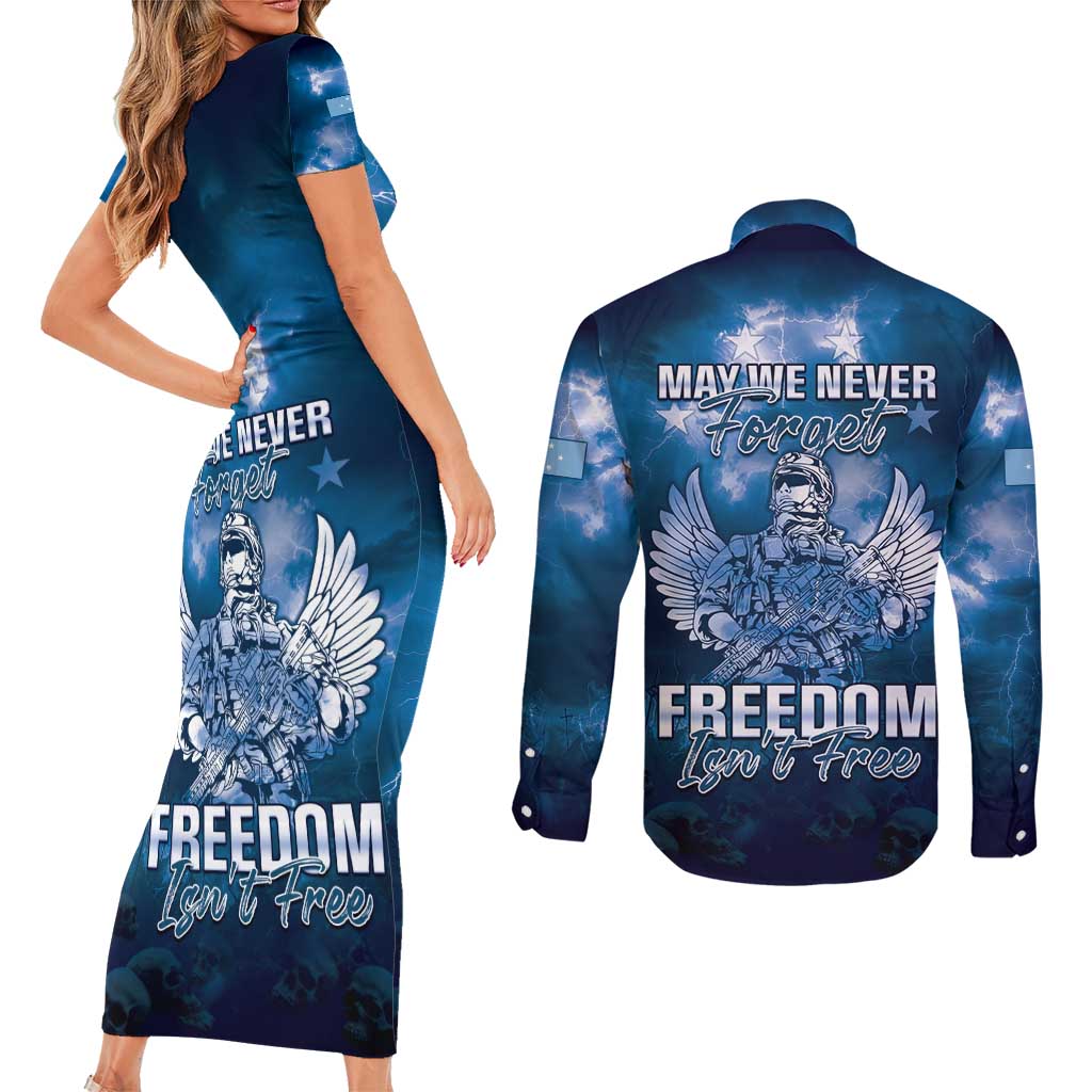 Federated States of Micronesia Veterans Day Couples Matching Short Sleeve Bodycon Dress and Long Sleeve Button Shirt May We Never Forget Freedom Isn't Free LT05 - Polynesian Pride