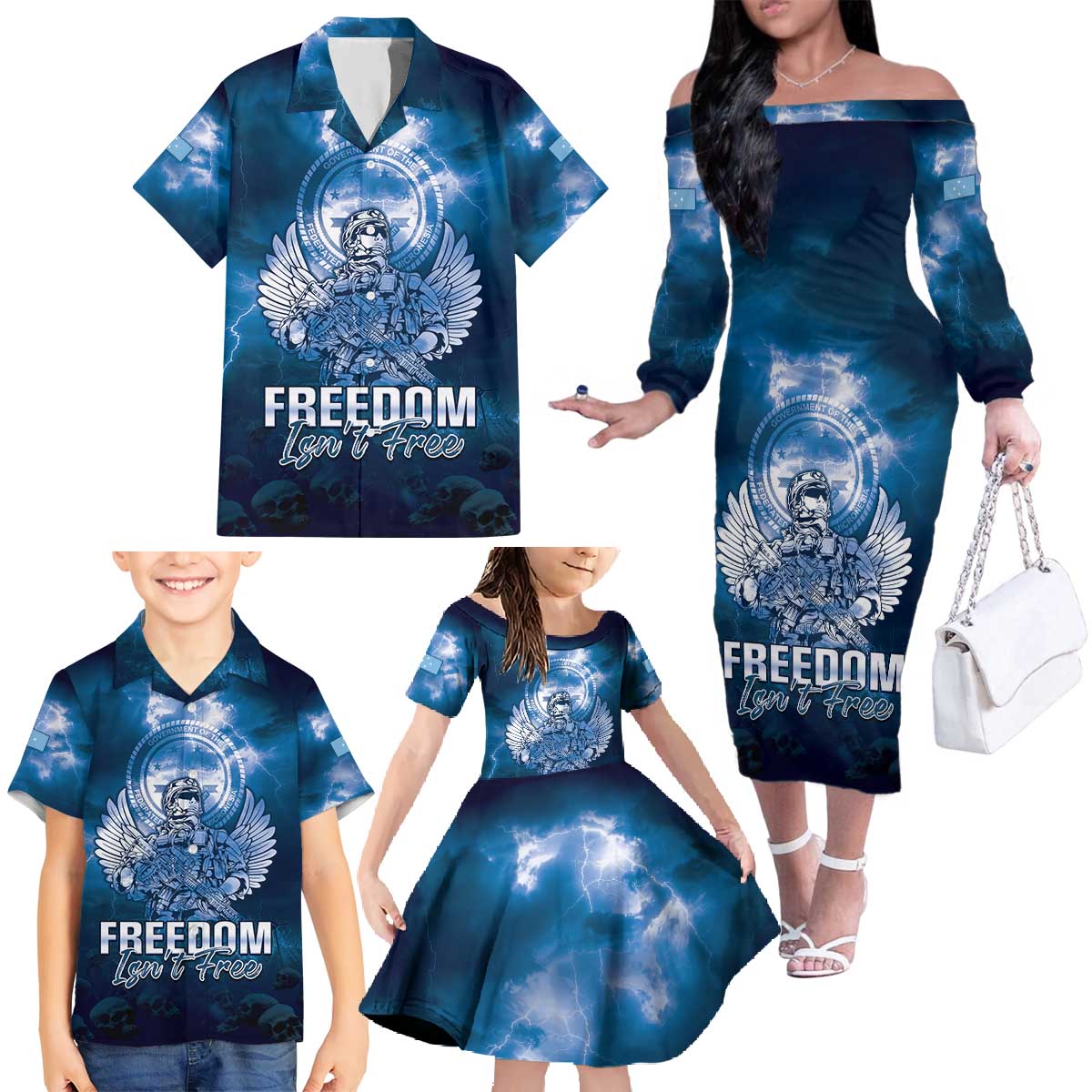 Federated States of Micronesia Veterans Day Family Matching Off The Shoulder Long Sleeve Dress and Hawaiian Shirt May We Never Forget Freedom Isn't Free LT05 - Polynesian Pride