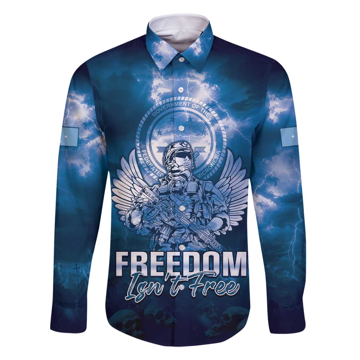 Federated States of Micronesia Veterans Day Family Matching Off The Shoulder Long Sleeve Dress and Hawaiian Shirt May We Never Forget Freedom Isn't Free LT05 Dad's Shirt - Long Sleeve Blue - Polynesian Pride