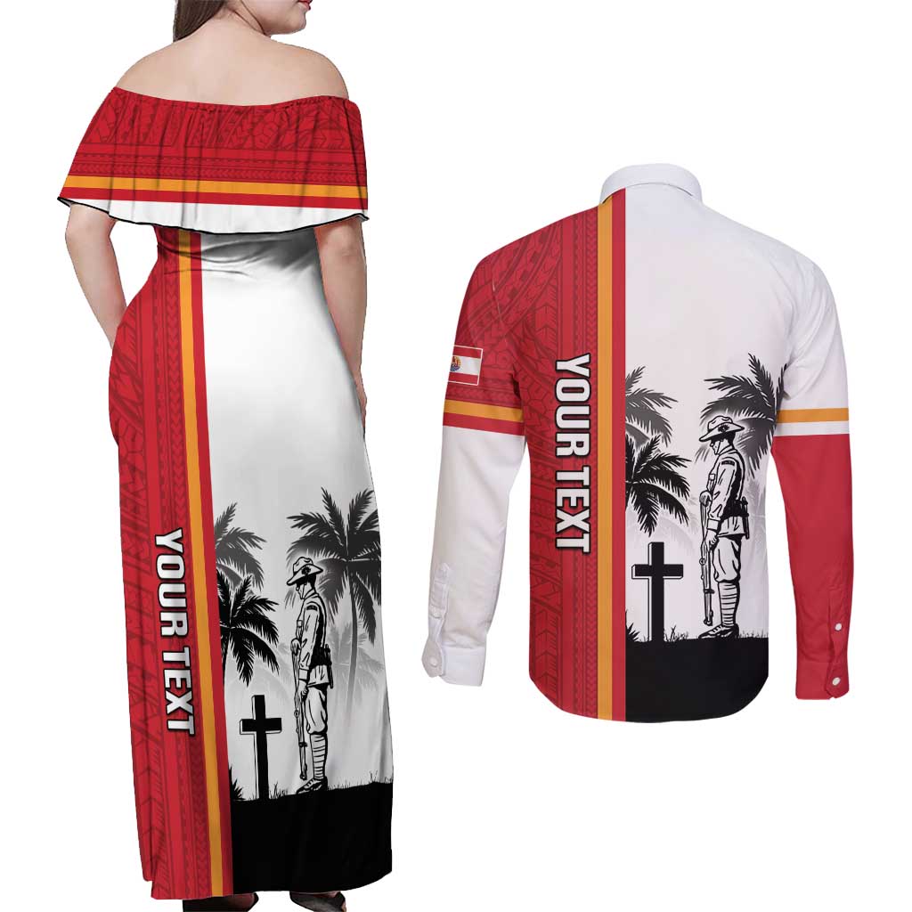 French Polynesia Armistice Day Couples Matching Off Shoulder Maxi Dress and Long Sleeve Button Shirt Lest We Forget Flag Style