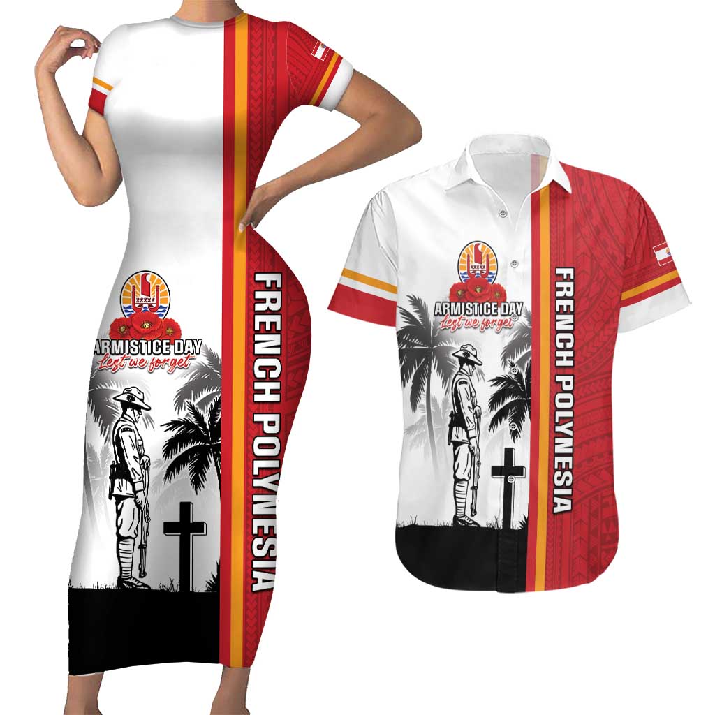 French Polynesia Armistice Day Couples Matching Short Sleeve Bodycon Dress and Hawaiian Shirt Lest We Forget Flag Style LT05 Red - Polynesian Pride