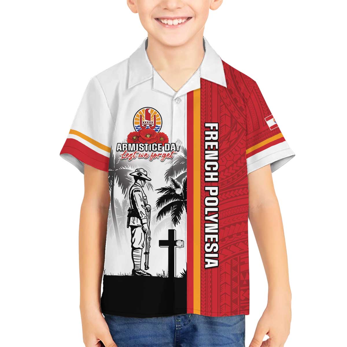 French Polynesia Armistice Day Family Matching Off The Shoulder Long Sleeve Dress and Hawaiian Shirt Lest We Forget Flag Style LT05 Son's Shirt Red - Polynesian Pride