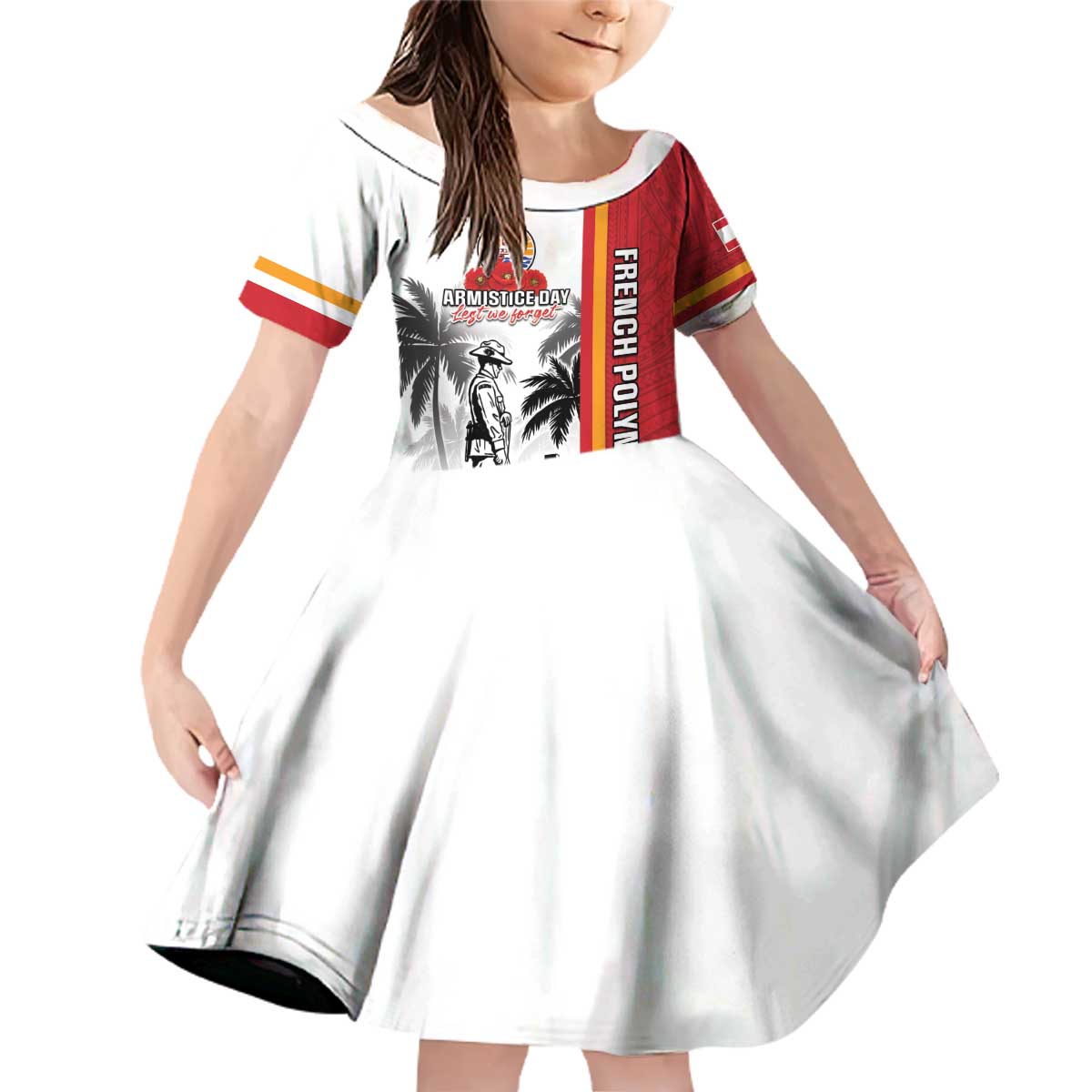 French Polynesia Armistice Day Family Matching Off Shoulder Short Dress and Hawaiian Shirt Lest We Forget Flag Style LT05 Daughter's Dress Red - Polynesian Pride