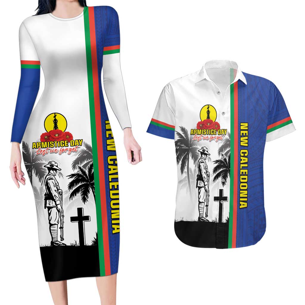 New Caledonia Armistice Day Couples Matching Long Sleeve Bodycon Dress and Hawaiian Shirt Lest We Forget Flag Style LT05 Navy - Polynesian Pride