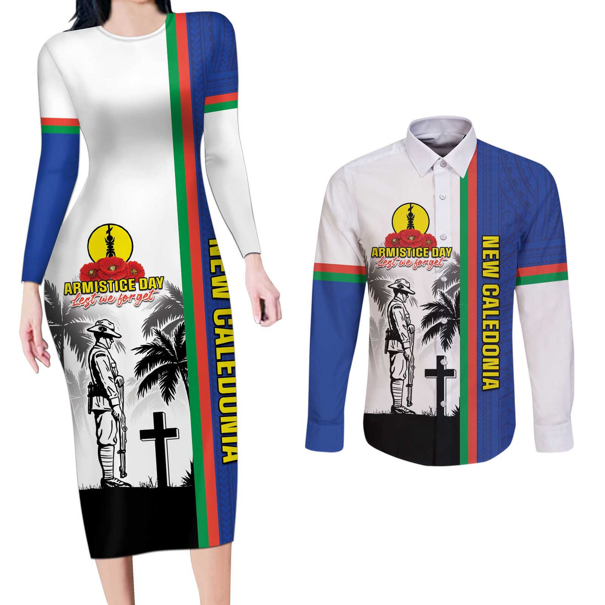New Caledonia Armistice Day Couples Matching Long Sleeve Bodycon Dress and Long Sleeve Button Shirt Lest We Forget Flag Style LT05 Navy - Polynesian Pride