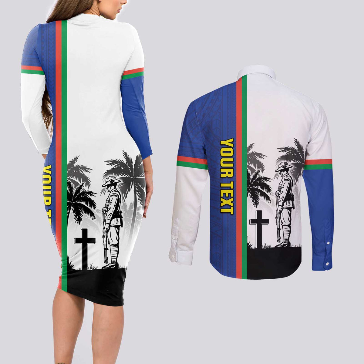 New Caledonia Armistice Day Couples Matching Long Sleeve Bodycon Dress and Long Sleeve Button Shirt Lest We Forget Flag Style LT05 - Polynesian Pride