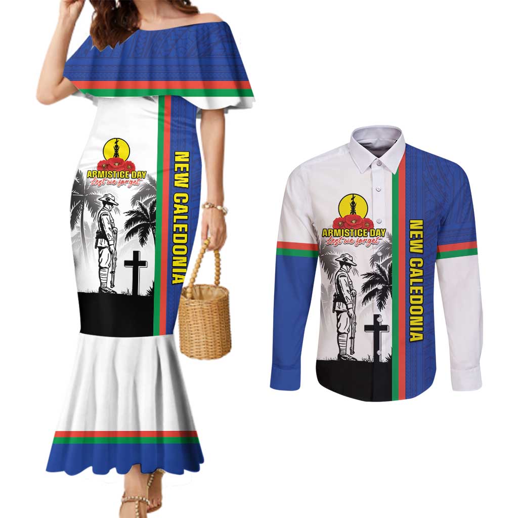 New Caledonia Armistice Day Couples Matching Mermaid Dress and Long Sleeve Button Shirt Lest We Forget Flag Style LT05 Navy - Polynesian Pride