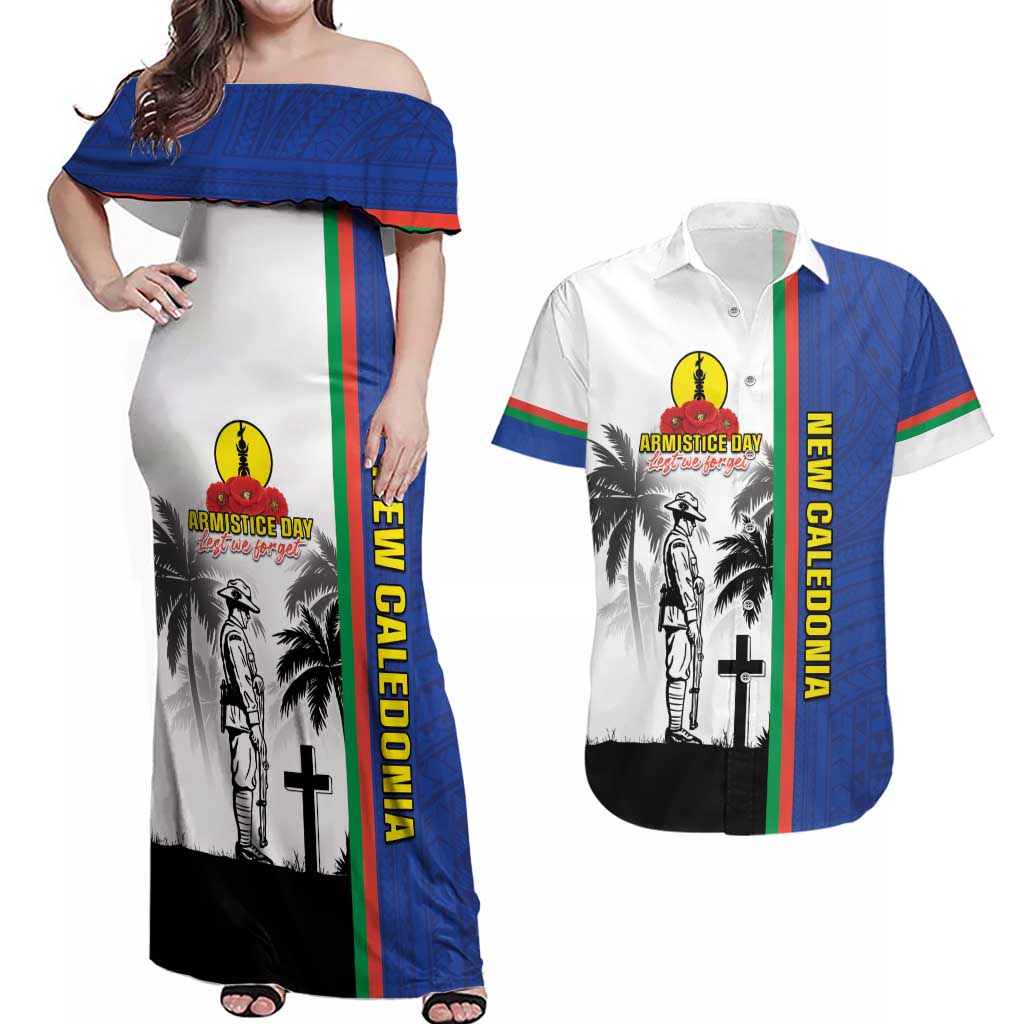 New Caledonia Armistice Day Couples Matching Off Shoulder Maxi Dress and Hawaiian Shirt Lest We Forget Flag Style LT05 Navy - Polynesian Pride