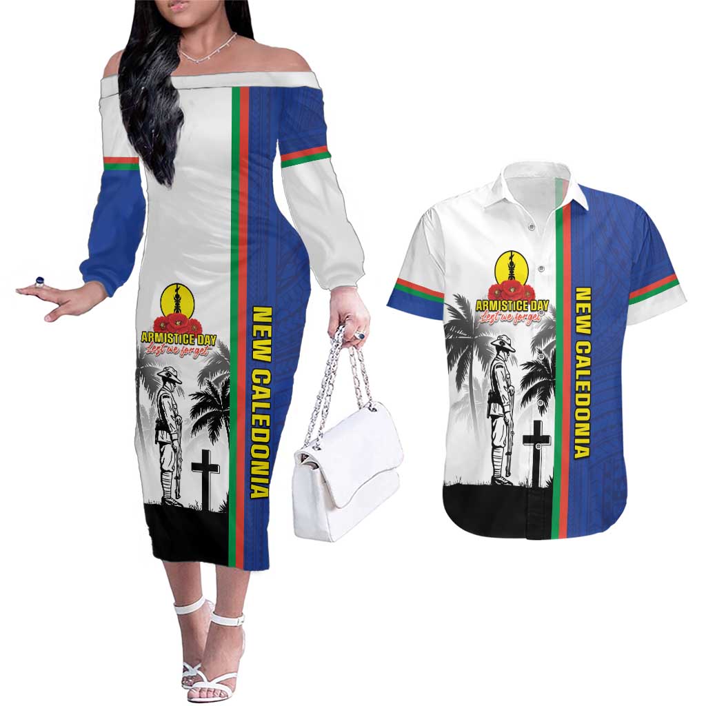 New Caledonia Armistice Day Couples Matching Off The Shoulder Long Sleeve Dress and Hawaiian Shirt Lest We Forget Flag Style LT05 Navy - Polynesian Pride