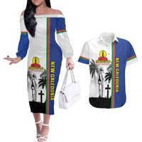 New Caledonia Armistice Day Couples Matching Off The Shoulder Long Sleeve Dress and Hawaiian Shirt Lest We Forget Flag Style LT05 Navy - Polynesian Pride