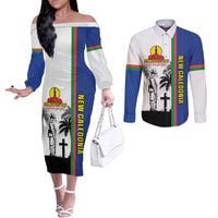 New Caledonia Armistice Day Couples Matching Off The Shoulder Long Sleeve Dress and Long Sleeve Button Shirt Lest We Forget Flag Style LT05 Navy - Polynesian Pride