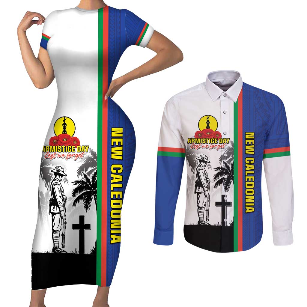 New Caledonia Armistice Day Couples Matching Short Sleeve Bodycon Dress and Long Sleeve Button Shirt Lest We Forget Flag Style LT05 Navy - Polynesian Pride