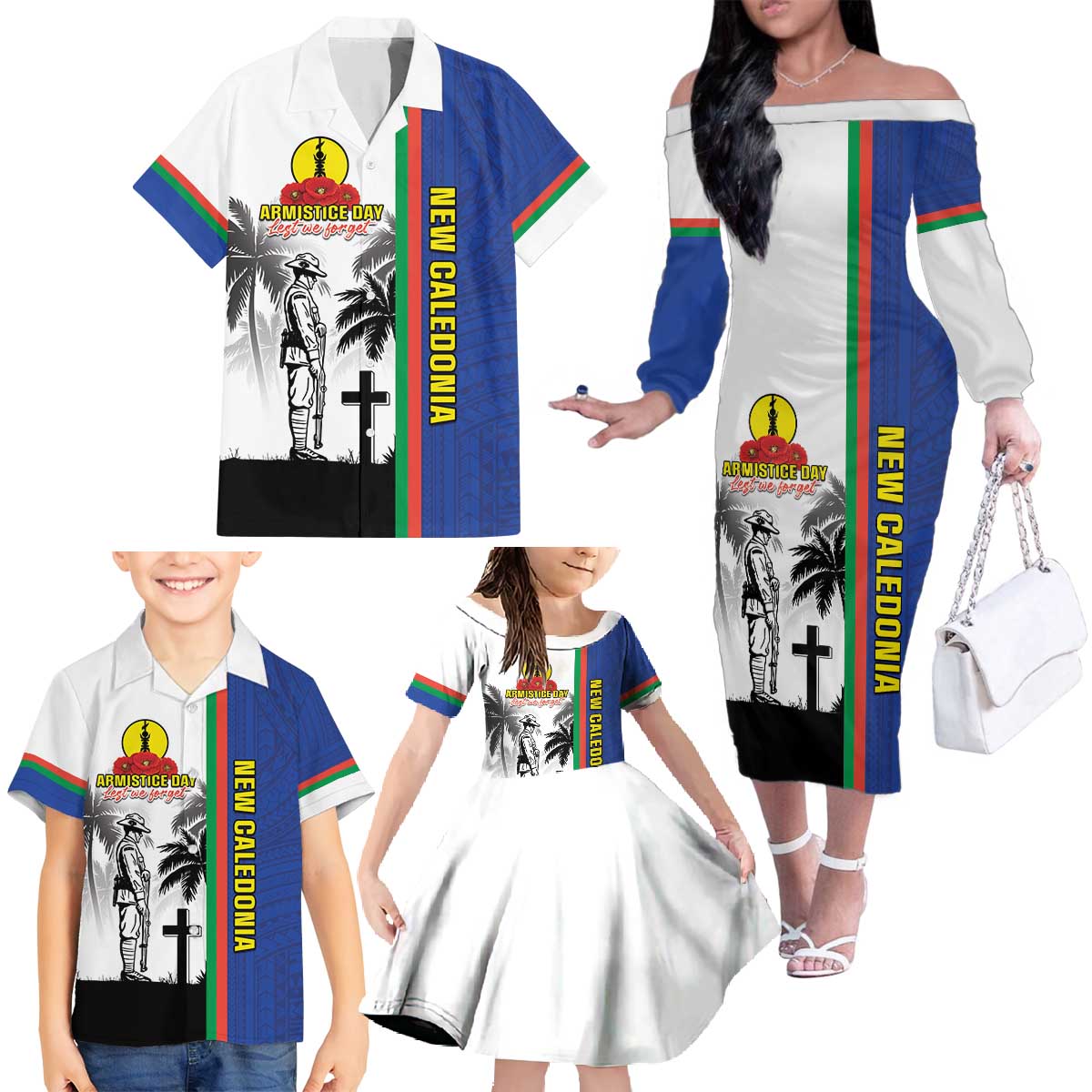 New Caledonia Armistice Day Family Matching Off The Shoulder Long Sleeve Dress and Hawaiian Shirt Lest We Forget Flag Style LT05 - Polynesian Pride