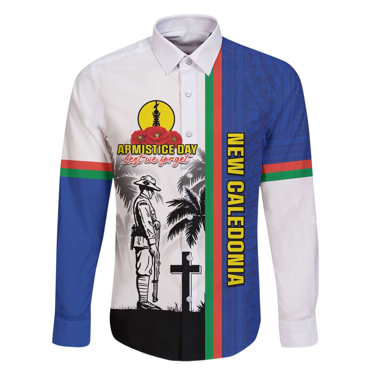 New Caledonia Armistice Day Family Matching Off Shoulder Short Dress and Hawaiian Shirt Lest We Forget Flag Style LT05 Dad's Shirt - Long Sleeve Navy - Polynesian Pride