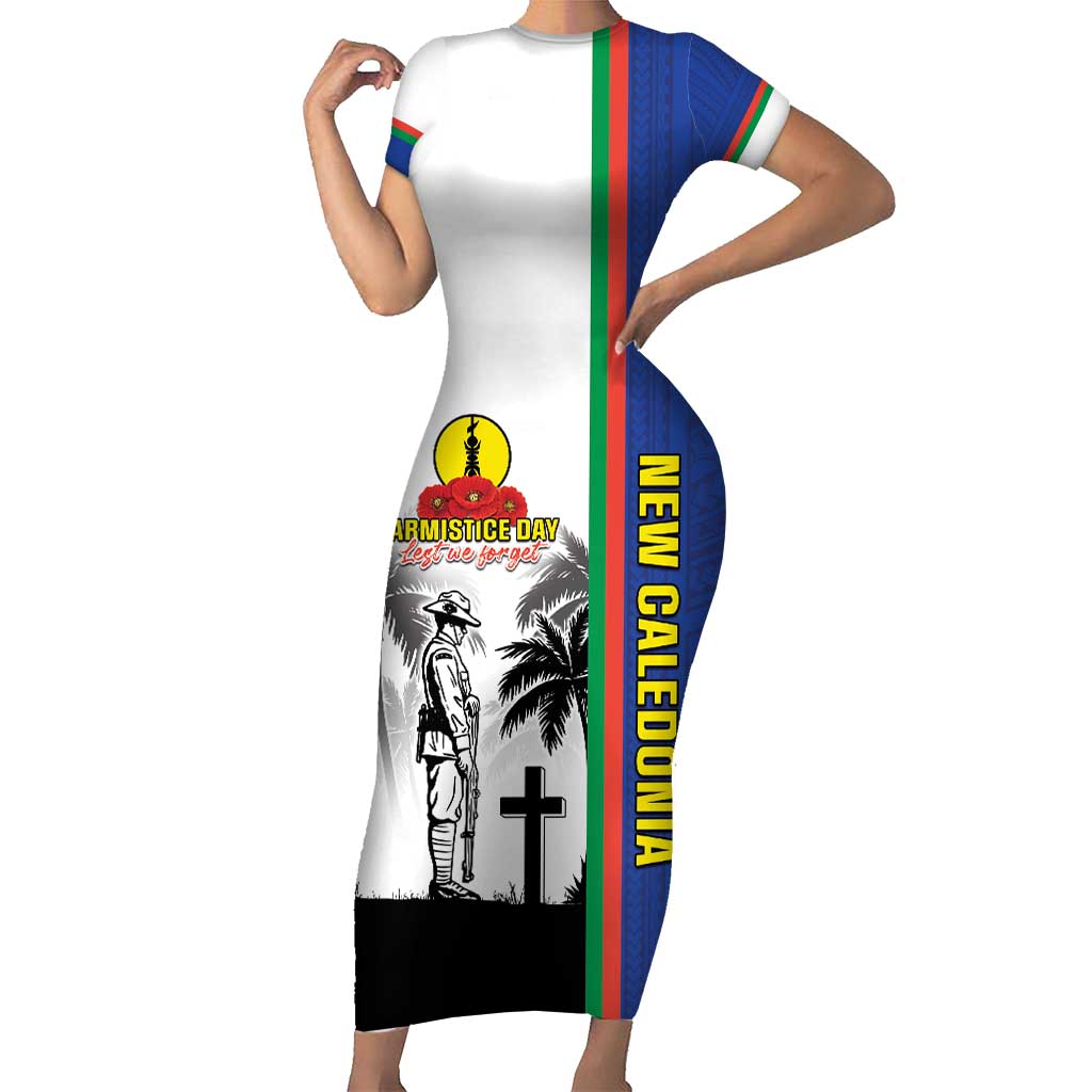 New Caledonia Armistice Day Family Matching Short Sleeve Bodycon Dress and Hawaiian Shirt Lest We Forget Flag Style LT05 Mom's Dress Navy - Polynesian Pride