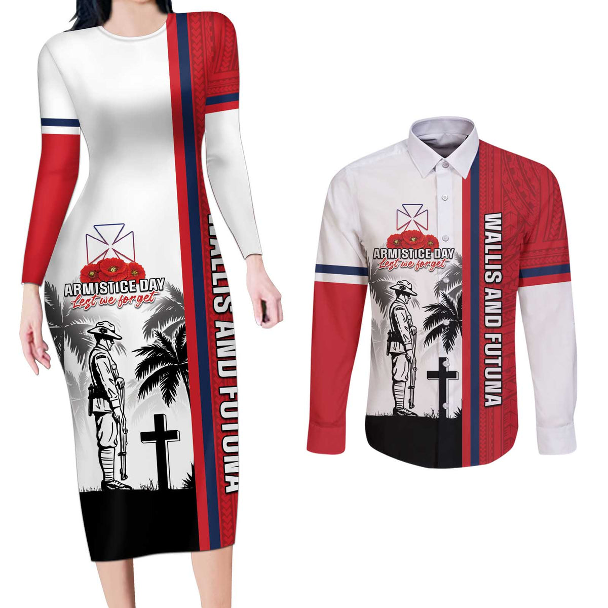 Wallis and Futuna Armistice Day Couples Matching Long Sleeve Bodycon Dress and Long Sleeve Button Shirt Lest We Forget Flag Style LT05 White - Polynesian Pride