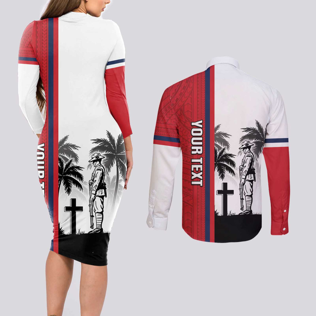 Wallis and Futuna Armistice Day Couples Matching Long Sleeve Bodycon Dress and Long Sleeve Button Shirt Lest We Forget Flag Style LT05 - Polynesian Pride