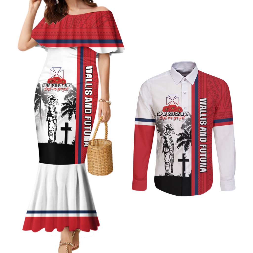 Wallis and Futuna Armistice Day Couples Matching Mermaid Dress and Long Sleeve Button Shirt Lest We Forget Flag Style LT05 White - Polynesian Pride