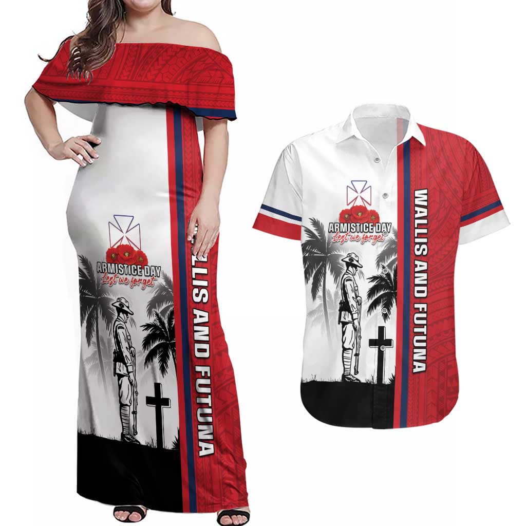 Wallis and Futuna Armistice Day Couples Matching Off Shoulder Maxi Dress and Hawaiian Shirt Lest We Forget Flag Style LT05 White - Polynesian Pride