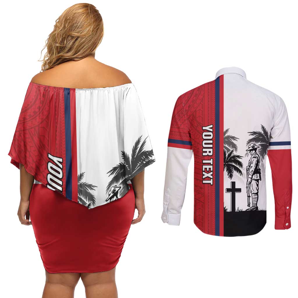 Wallis and Futuna Armistice Day Couples Matching Off Shoulder Short Dress and Long Sleeve Button Shirt Lest We Forget Flag Style LT05 - Polynesian Pride