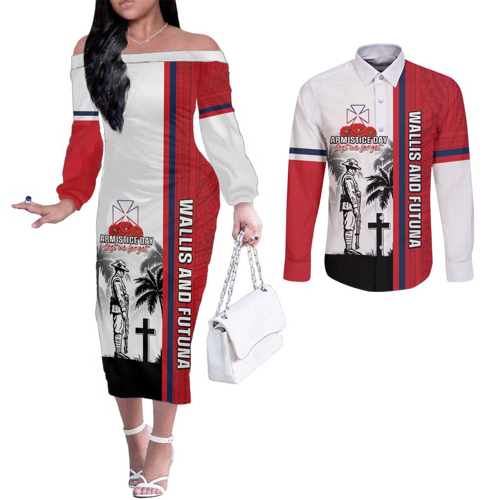 Wallis and Futuna Armistice Day Couples Matching Off The Shoulder Long Sleeve Dress and Long Sleeve Button Shirt Lest We Forget Flag Style LT05 White - Polynesian Pride