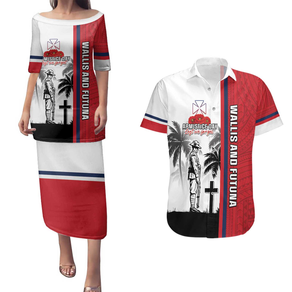 Wallis and Futuna Armistice Day Couples Matching Puletasi and Hawaiian Shirt Lest We Forget Flag Style LT05 White - Polynesian Pride