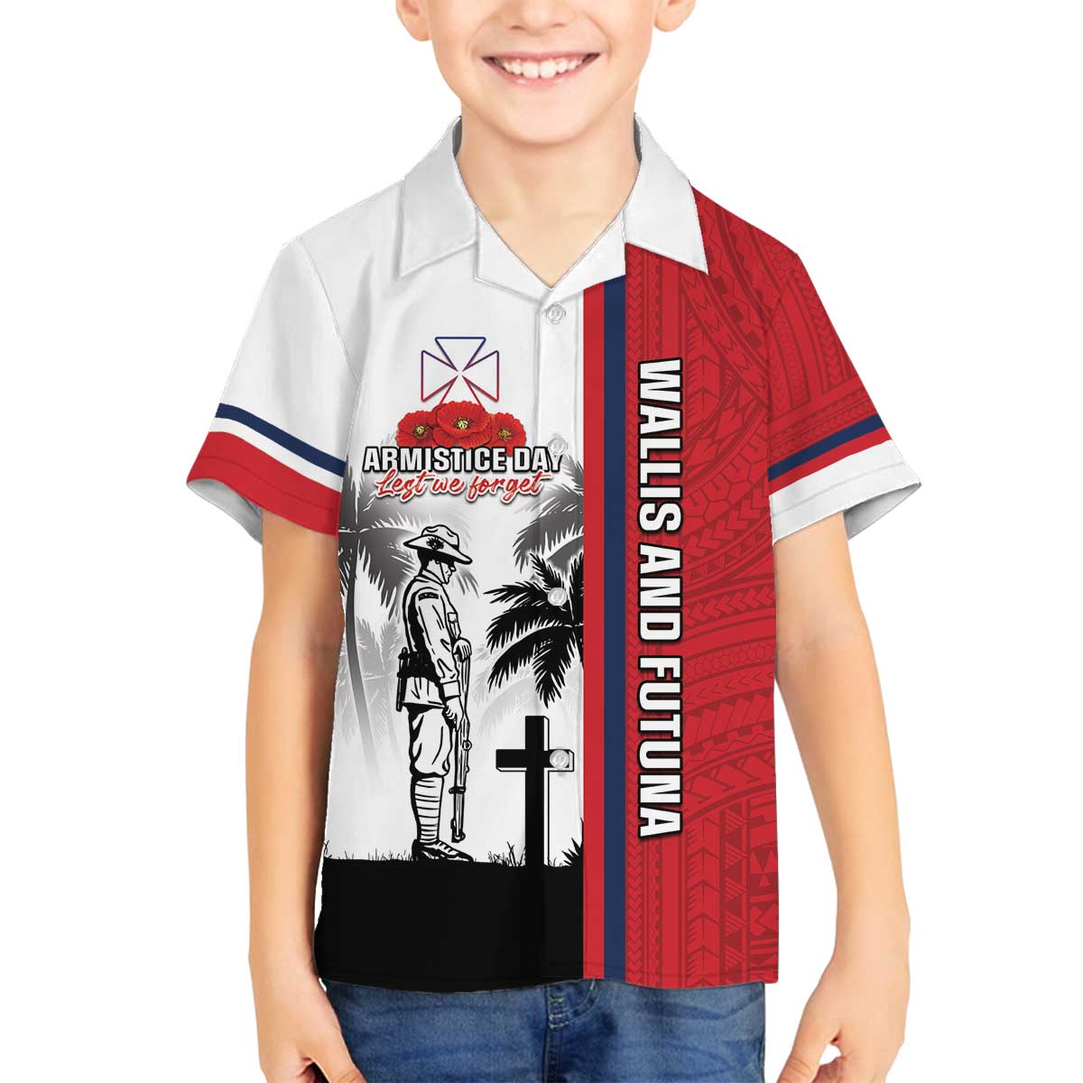 Wallis and Futuna Armistice Day Family Matching Off The Shoulder Long Sleeve Dress and Hawaiian Shirt Lest We Forget Flag Style LT05 Son's Shirt White - Polynesian Pride