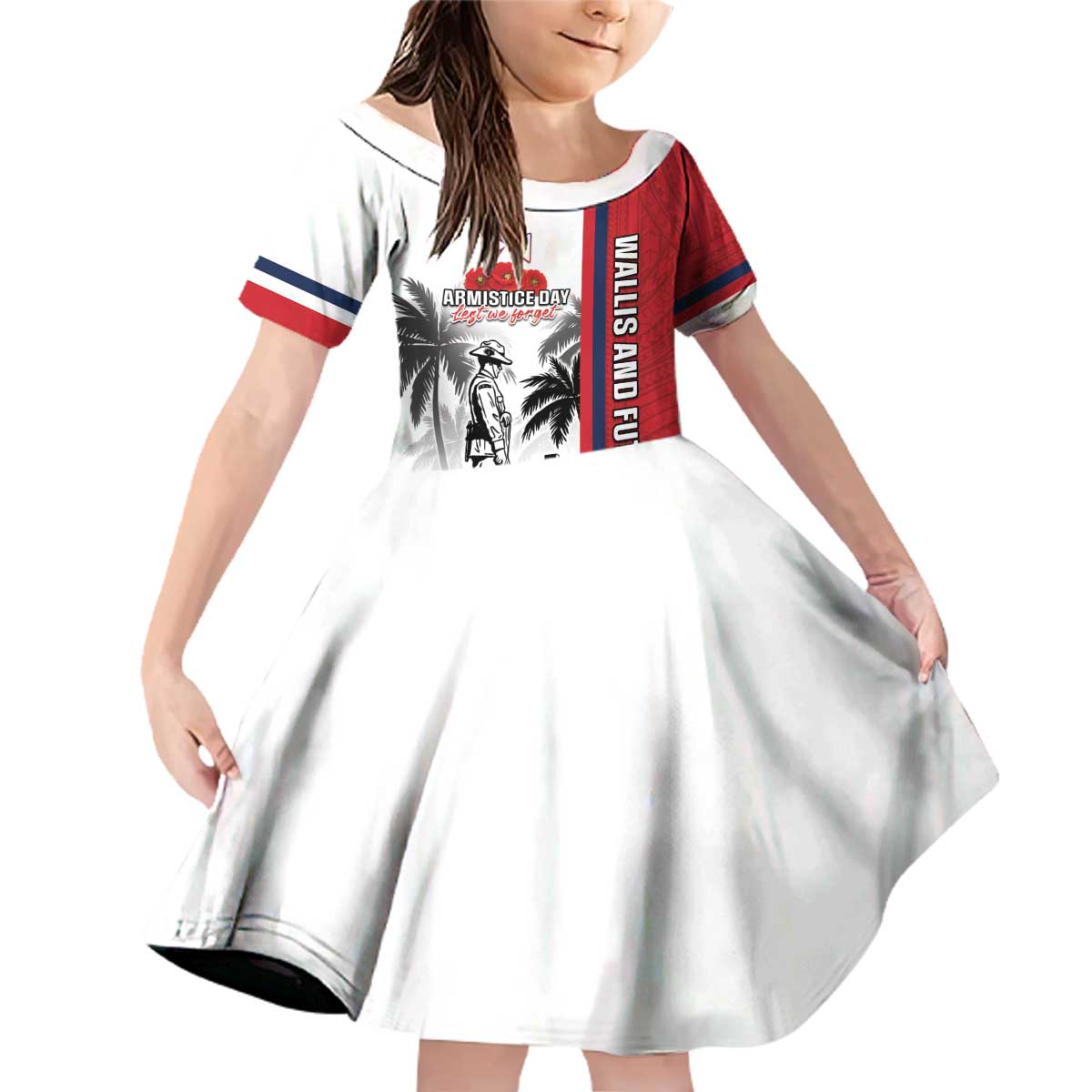 Wallis and Futuna Armistice Day Family Matching Off Shoulder Short Dress and Hawaiian Shirt Lest We Forget Flag Style LT05 Daughter's Dress White - Polynesian Pride