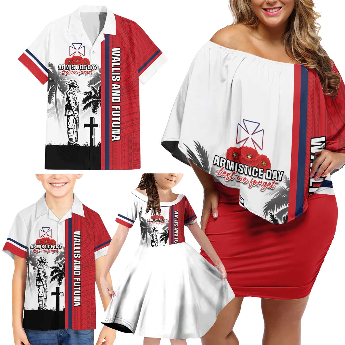Wallis and Futuna Armistice Day Family Matching Off Shoulder Short Dress and Hawaiian Shirt Lest We Forget Flag Style LT05 - Polynesian Pride
