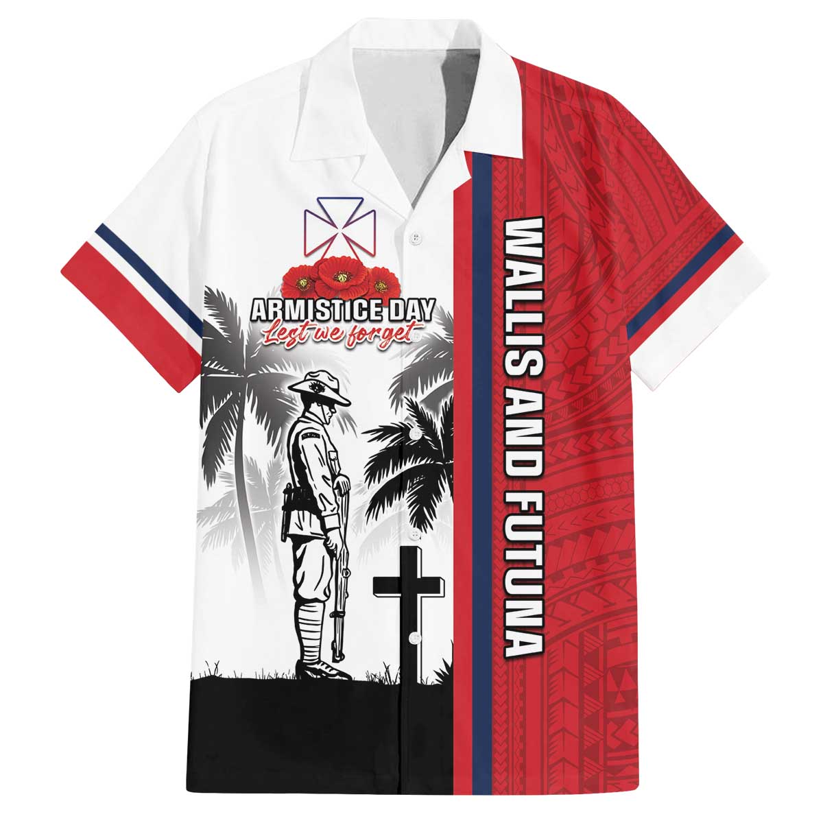Wallis and Futuna Armistice Day Family Matching Off Shoulder Short Dress and Hawaiian Shirt Lest We Forget Flag Style LT05 Dad's Shirt - Short Sleeve White - Polynesian Pride