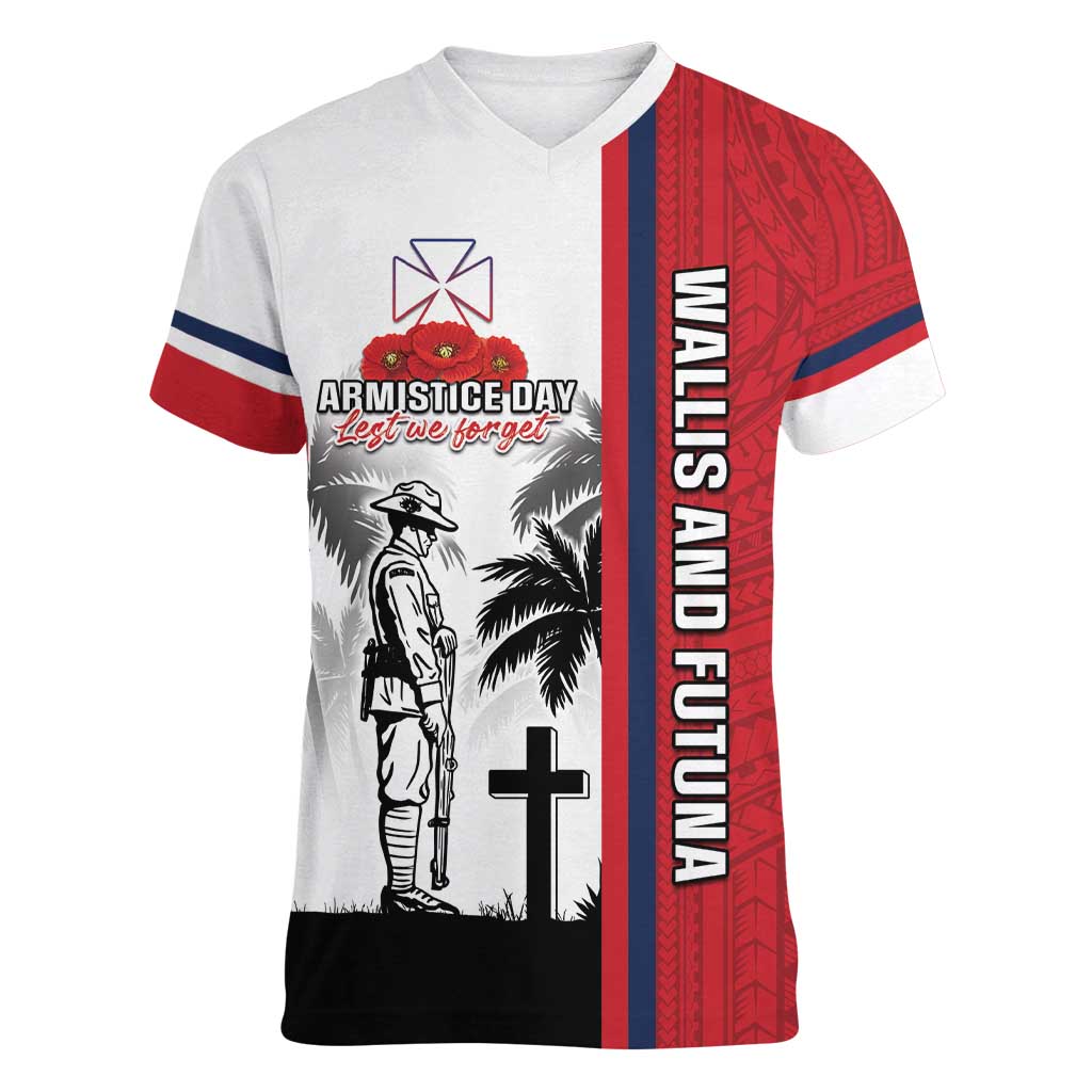 Wallis and Futuna Armistice Day Women V-Neck T-Shirt Lest We Forget Flag Style LT05 Female White - Polynesian Pride