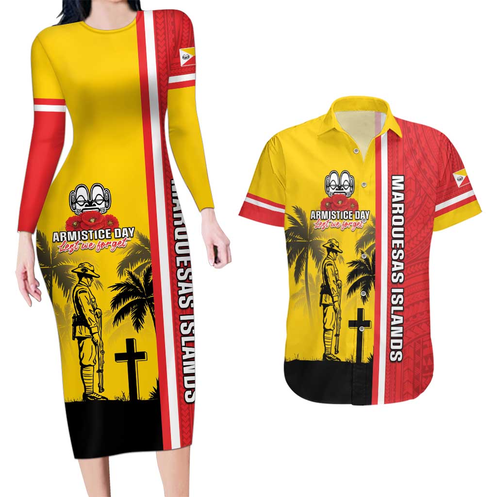 Marquesas Islands Armistice Day Couples Matching Long Sleeve Bodycon Dress and Hawaiian Shirt Lest We Forget Flag Style LT05 Yellow - Polynesian Pride