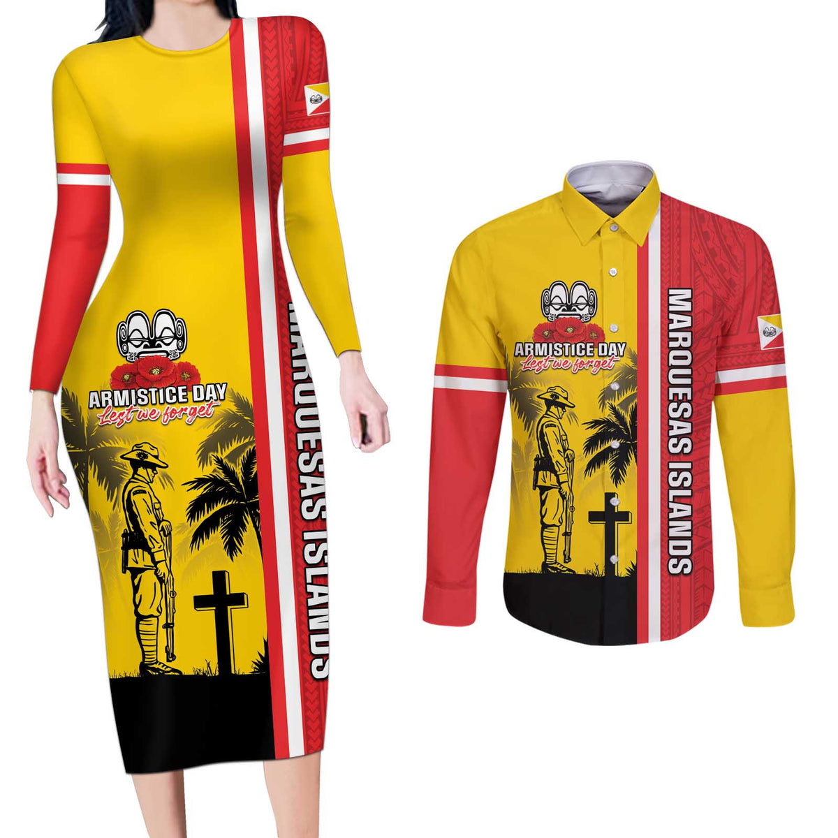 Marquesas Islands Armistice Day Couples Matching Long Sleeve Bodycon Dress and Long Sleeve Button Shirt Lest We Forget Flag Style LT05 Yellow - Polynesian Pride