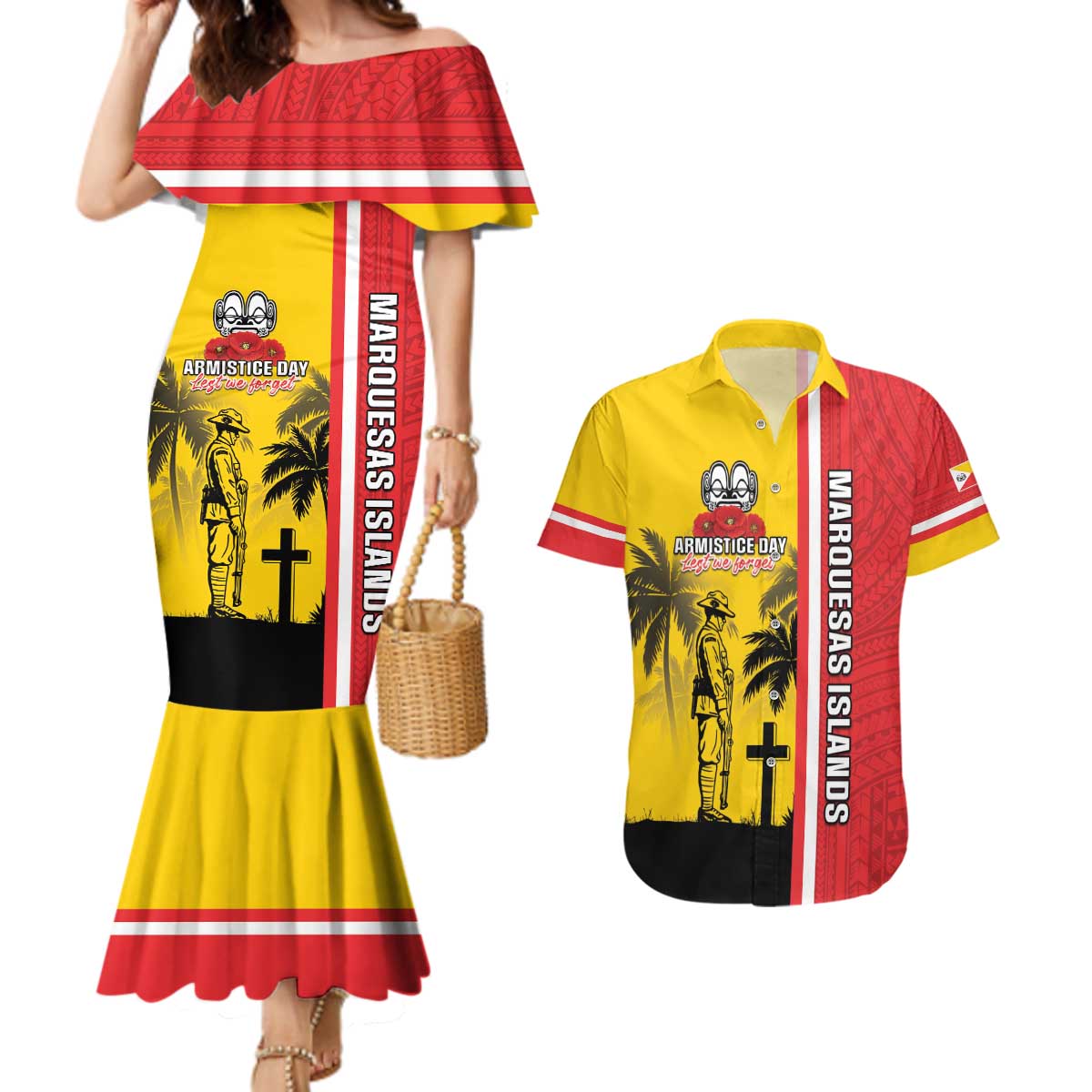 Marquesas Islands Armistice Day Couples Matching Mermaid Dress and Hawaiian Shirt Lest We Forget Flag Style LT05 Yellow - Polynesian Pride