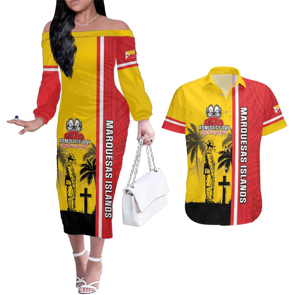 Marquesas Islands Armistice Day Couples Matching Off The Shoulder Long Sleeve Dress and Hawaiian Shirt Lest We Forget Flag Style LT05 Yellow - Polynesian Pride