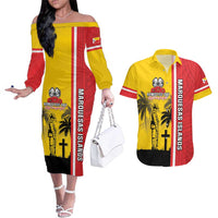 Marquesas Islands Armistice Day Couples Matching Off The Shoulder Long Sleeve Dress and Hawaiian Shirt Lest We Forget Flag Style LT05 Yellow - Polynesian Pride