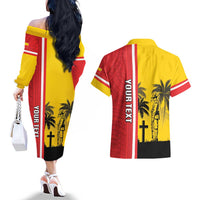 Marquesas Islands Armistice Day Couples Matching Off The Shoulder Long Sleeve Dress and Hawaiian Shirt Lest We Forget Flag Style LT05 - Polynesian Pride
